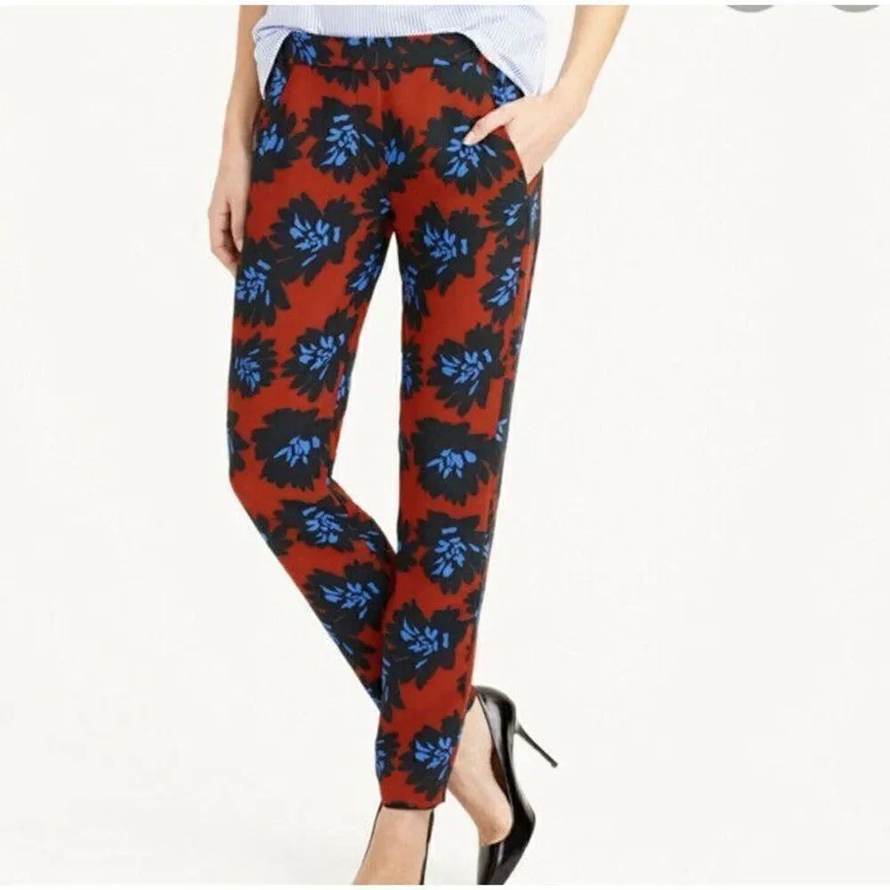 J. CREW Joggers Red Blue Floral Elastic Waist Ankle Crop Dress Pants Flower 00 - Picture 2 of 12